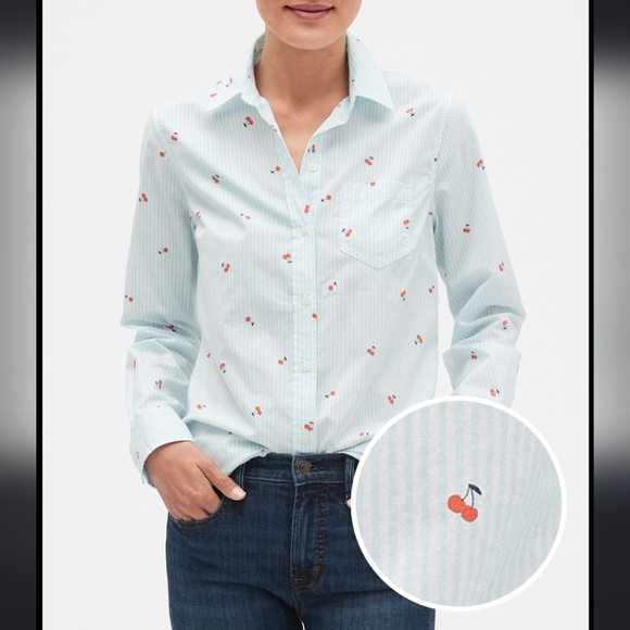 Gap - 🍒 Cherry Print and Striped Boyfriend Shirt - Size M - Picture 1 of 8